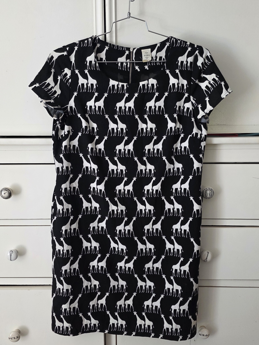 ANTHROPOLOGIE- SEEN/ WORN/ KEPT Giraffe Print Shift Dress in contrasting b & w
